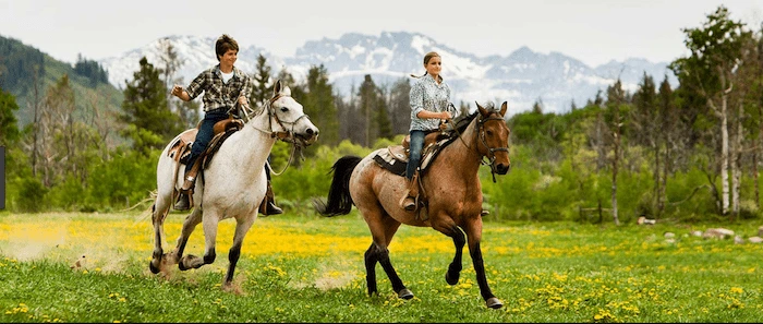 Confident plus-size woman riding Staines a horse through a field with a smile on her face.